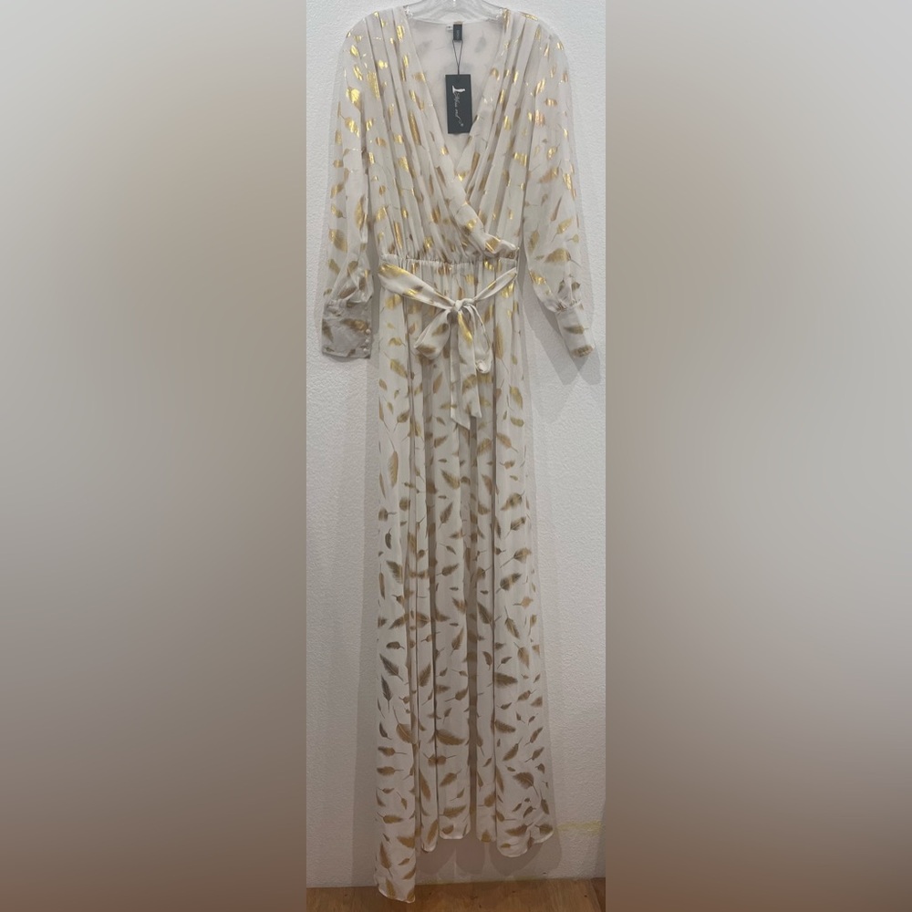 NWT Miss Ord Sheer Long Sleeve Feather Patrn High Slit Women's Maxi Cover Dress. - Picture 14 of 16